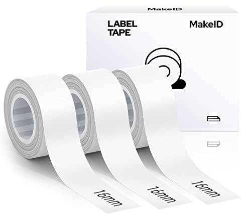 MakeID Etikettenband Kompatibel für L1/ Q1/ E1 (16mm x 4m) Selbstklebendes Kunststoff als Schriftbänder 3 x Weiß