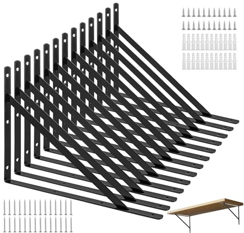 LOLYSIC 12Pcs Shelf Brackets Heavy Duty, 400x250mm Wall Mounted Floating Shelf Bracket Support, Right Angle Triangle Shelving Brackets Wall Brackets for Shelves with Screws, Black