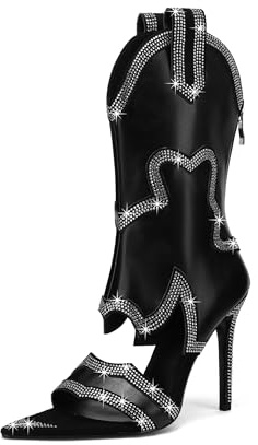 Shofrindy Open Toe Boots with Stiletto Black Short Boot Fashion Rhinestone Booties Sexy Western Boot for Women Mid-calf Boot with Sparkly Crystal High Heel Glitter Peep Toe Boot Size 8