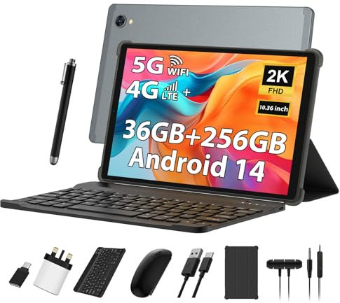 LINROM 2K Tablet 10.4 Inch, 4G LTE+5G WiFi, 36GB RAM+256GB ROM (2TB TF), Android 14, Octa-Core, 2000 * 1200, 8000mAh, 13MP+8MP, GPS, Tablet with keyboard ect (Gray)