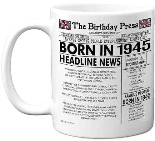 Stuff4 80th Birthday Mug Gift for Men Women - Born in 1945 Newspaper - Happy 80 Birthday Gifts for Grandad Grandma Nan Vintage Retro Back in 1945 Age Eighty Bday, 11oz Ceramic Coffee Mugs