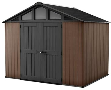 KETER Stronghold 10x8 Gartenhaus braun - Gerätehaus mit 7,1 m² Grundfläche, 6 Fenstern, Doppeltüren, stahlverstärkt, Holzoptik, inkl. Fußboden, 305 x 243 x 251 cm