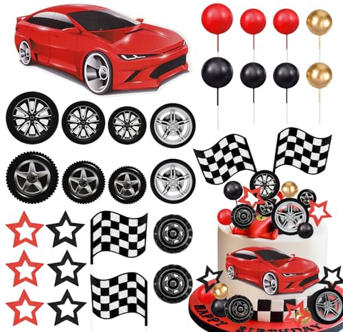 MEMOVAN Racing Wheel Cake Topper 27PCS Race Car Cake Toppers Tyre Cake Decorations Checkered Flag Car Cake Cupcake Decoration for Man Boy Kid Racing Car Theme Birthday Supplies