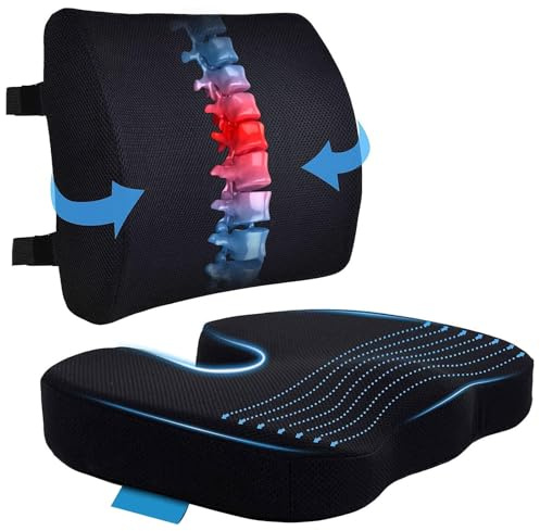 Seat Cushion & Lumbar Support Pillow for Office Chair, Car, Wheelchair Memory Foam Desk Chair Cushion for Sciatica, Lower Back & Tailbone Pain Relief Desk Pad with Adjustable Strap 3D Washable Cover