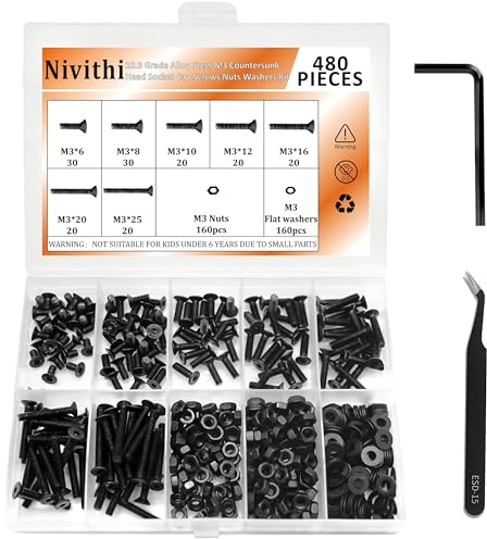Nivithi 480*M3 Senkkopfschrauben Set 10.9 Festigkeitsklasse-Schwarze Senkkopfschrauben M3,Eisen Senkkopfschrauben M3x6/8/10/12/16/20/25mm für Möbel,DIY,Reparatur