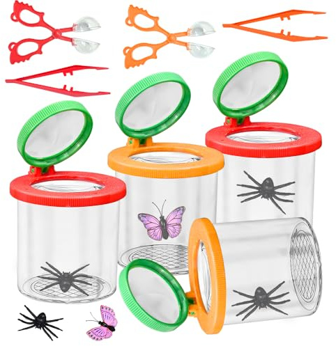 UHETLET 4 PCS Caja de Insectos con Lupa 3X y 6X, Kit de Exploración de Insectos con 2 Caza Insectosy 2 Pinzas, Visor deInsectos, Juguete Educativo para Aventuras en la Naturaleza al Aire Libre