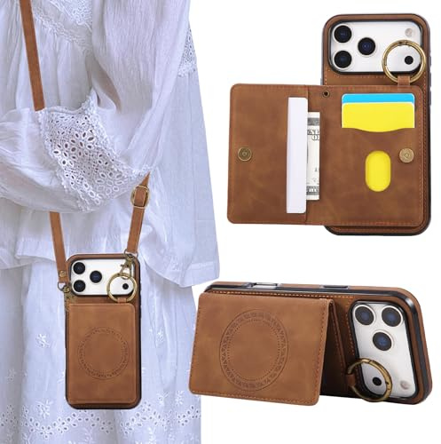 Rosbtib Case for iPhone 17 Pro 5G 2025 6.3 Inch Magnetic phone case with card holder, slim mobile phone case with long shoulder strap and retro metal ring for the iPhone 17 Pro - Brown