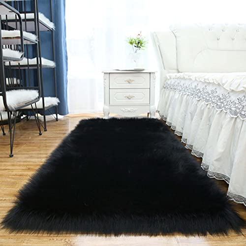 Tappeto in finta pelle di pecora, 150 x 180 cm, tappeto per soggiorno, camera da letto, bagno, divano, sedia, in morbida pelle di agnello, colore: nero, accogliente decorazione per la casa