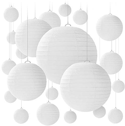Jangostor 20 PCS White Round Paper Lanterns with Wire Ribbing, Different Sized Lampshades for Weddings, Birthdays,Parties, Rooms and Events - Assorted Sizes of 15, 20, 25, 30 cm