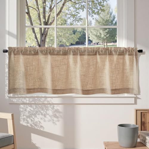 TOPICK Scheibengardine Bistrogardine Wohnzimmer modern Lichtdurchlässig Scheibengardinen Gardine Küchenvorhänge Gaze Schals Fensterschal Küche Landhausstil Küchengardine 1 Stück 130B x 40H(cm) Braun