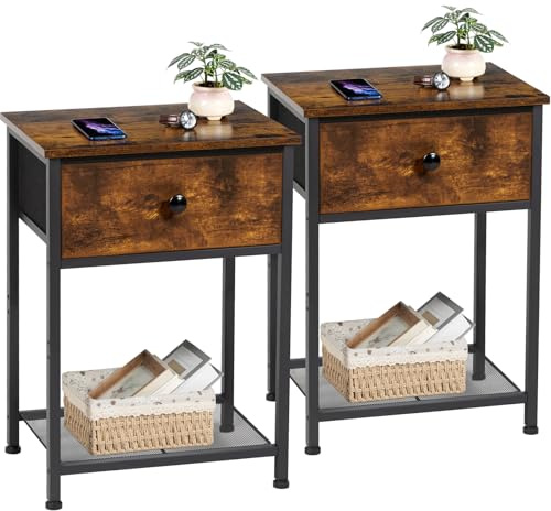 AMHANCIBLE Bedside Table, Side Tables Set of 2 with Fabric Drawer, Sofa Table with Storage Shelf, Nightstand with Metal Frame, Coffee Table for Bedroom, Living Room, Rustic Brown UHET03SDBR
