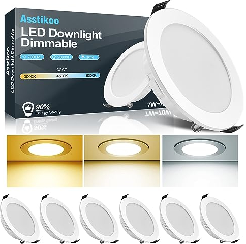 Asstikoo Spot LED Encastrable Dimmable,7W Spot Salle de Bain,Spot LED Extra Plat 25mm,IP44 Étanche Spot de Plafond Trou Φ85-100mm,3000K 4500K 6500K Éclairage Plafonnier 230V pour Salon,Cuisine