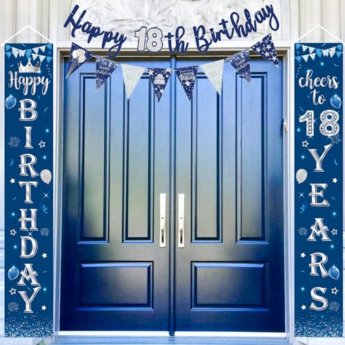 18. Geburtstag Junge Deko, Blau Silber 18. Geburtstag Tür Banner Veranda Schild, 18. Geburtstag Banner Girlande Wimpel Bunting, 18. Geburtstagsfeier Banner Wimpelkette für Tür Wand Party Dekoration