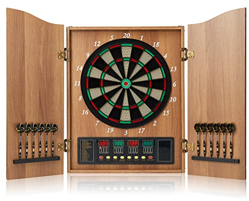 Brovamo Dartscheibe, Dekoratives Dartscheiben-Schrank-Set [12*Soft Tip Darts], Elektronische Dartscheibe, Holzschranktüren mit Integrierter Anzeigetafel [Apricot]