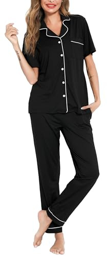 Lovasy Pyjamas for Women Soft Ladies Pyjamas Button Down Pjs for Women Sets Classic Womens Pyjamas Sets Pajamas Loungewear with Pockets,Black,M