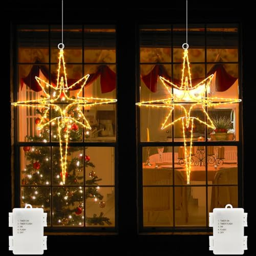 echosari 2 st Bethlehem-stjärna, LED-fönsterlampor, 120 LED, fönsterhängande juldekoration med timer, metalljulstjärna, ljusgardin, inomhusdekoration och