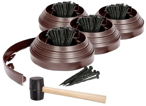 Harbour Housewares 40m Flexible Lawn Edging with 160 Pegs & Mallet - Brown - Plastic Garden Edging Grass Border Flower Bed Stone Path Edge Height 4cm Patio Landscaping Divider Palisade