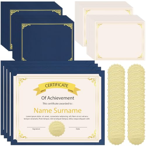 WSICSE 72 Pcs Certificate Kit, Includes 24 Pcs Navy Blue Certificate Holders & 24 pcs Letter Size Certificate Papers & 24 pcs Gold Foil Award Seals for 8.5 x 11 Inch Diploma Graduation Documents