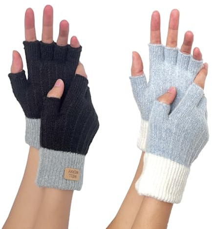 2 paia di guanti senza dita per donne, guanti termici touch screen lavorati a maglia, guanti caldi invernali per ragazze, donne, ciclismo, lavoro, guida, Nero e blu., Etichettalia unica