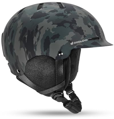 Odoland Casco de Esquí y Snowboard para Hombres Mujers, Casco de Seguridad Deportes con Ventilación y Orejeras Desmontable para Esquiar Snowboard, Negro Camuflaje