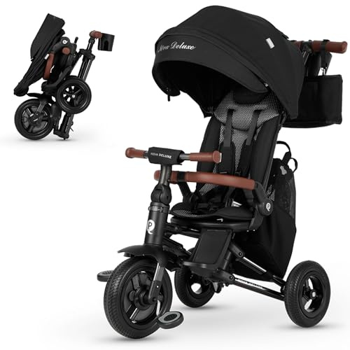 QPlay Carrito Evolutivo Nova Deluxe, con Asiento Giratorio, Plegado Compacto, Capota Ajustable, Cuero Hecho a Mano, Reposapiés y Frenos - Para Niños de 10 a 36 Meses (Negro)