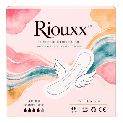 Riouxx Organic Cotton Sanitary Pads with Wings for Women, Regular, 48 Count | Luxury Soft Non Woven Pads, Advanced Absorption Technology, Breathable, Guard Protection, All Day Freshness