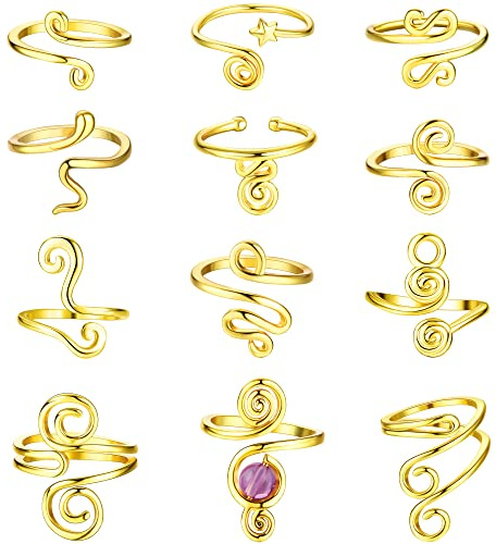 Roheafer 12 Piezas Anillos Para Pies Ajustables Mujer Hipoalergénico Chapados en Oro 14K, Abiertos Apilables Abierto Pie Dedo Anillos, Joyas para Pies de Playa de Verano, Set para Fiestas y Viajes