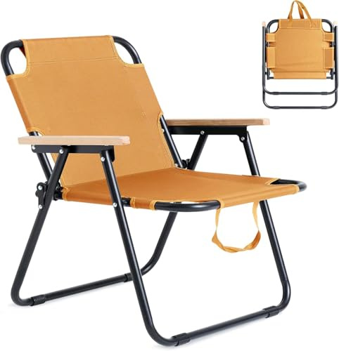SANEIOUI Campingstol, vikbar liten, 150 kg, strandstol, lätt med armstöd av trä, hopfällbar stol, robust metallram, campingstolar, bekväm för strand, trädgård, camping (orange)