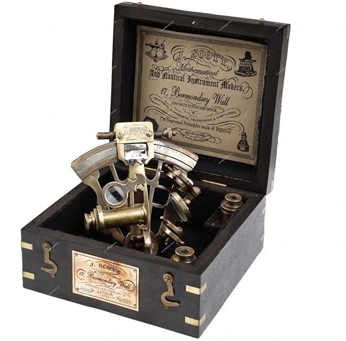 US HANDICRAFTS Brass Vintage Sextant, 4.75 x 4.25 x 2.5 inches, with Hardwood Box, 5.9 x 5.9 x 3.3 inches
