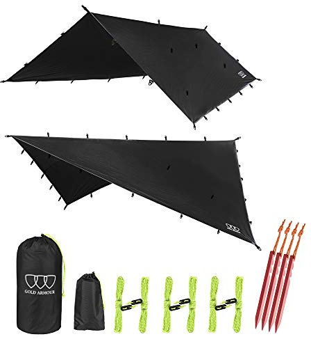 Gold Armour Rainfly - Telo protettivo per amaca, 4,5 m, 3,7 m, 3 m, 2,4 m, impermeabile, ultraleggero, per campeggio, attrezzatura da sopravvivenza, accessori per tenda da campeggio (nero, 3,7 x 3 m).