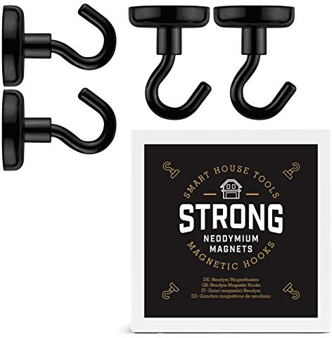 Smart House Tools Magnethaken schwarz (4 Stück) Ø 32x49 mm, Haftkraft 34 kg, Neodym Magnet Haken, groß, extra stark, Hakenmagnet