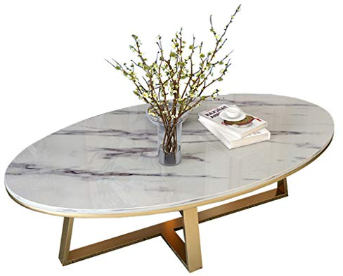 Wohnzimmer Couchtisch Weiß Marmor-Platte Oval l Moderne Beistelltisch Hochglanz Glastisch Sofatisch Kaffeetisch Loungetisch, Gold Metal Bein