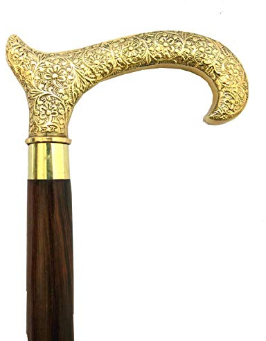 Vimal Nautical Bastón plegable de madera maciza marrón y dorado, 3 partes con mango de latón tallado, para hombres y mujeres, 36 pulgadas de largo