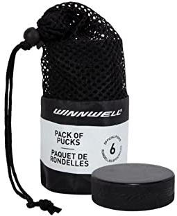 Winnwell Offizielle Eishockey-Pucks – normale Größe und Gewicht, 170 g, schwarzer Puck mit Netz-Tragetasche, ideal für Stockhandhabung und Trainingsbohrer, Schwarz, 6er-Pack