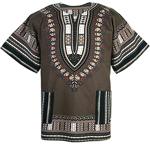 CHAINUPON Chemise africaine Dashiki en coton pour homme et femme, festival, bohème, hippie années 60 et 70, Marron/doré, XX-Large