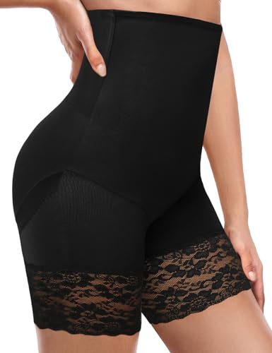 Niwicee Culotte Gainante Femme Ventre Plat Invisible Taille Haute Panty Gainant Anti Frottement Cuisse Minceur Shapewear Dentelle Shorts Amincissante Vetement Slips sous Robe-Noir-M