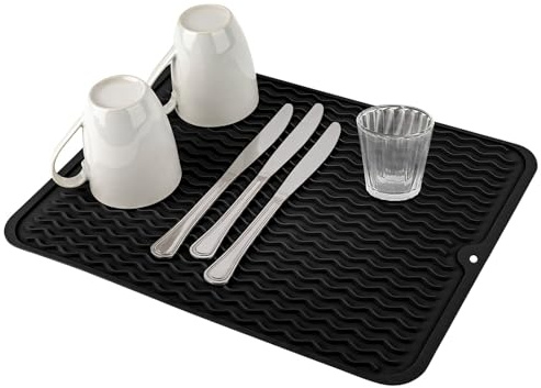 RZMZBY Alfombrilla de Drenaje de Cocina Negra, Silicona Antideslizante e Impermeable para Fregadero, 40 x 30 cm, Resistente