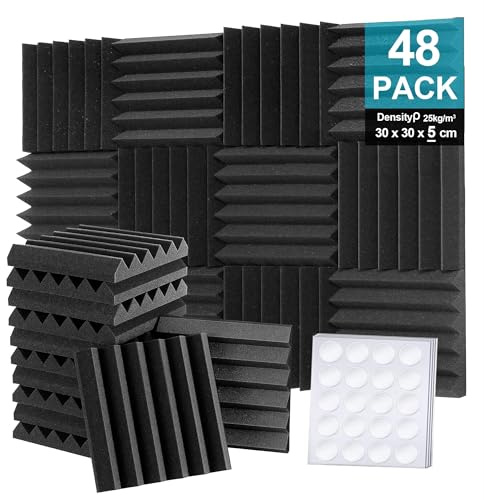 Foneso Acoustic Foam Panels 48Pack, Soundproofing Panels 12'' x 12'' x 2'' | Wedge Soundproof Foam Tiles, for Recording Studio, Podcast Room, Playroom And Office Noise Reduction(Black 30x30x5cm)