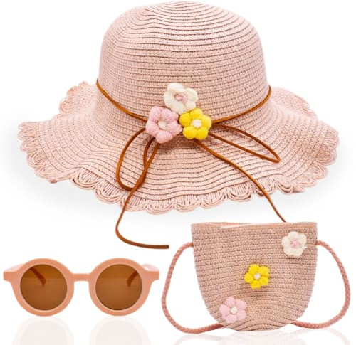 KNBMCAV Cappello da Spiaggia Estivo e Set di Borse, Cappello di Paglia con Occhiali da Sole, Cappello da Sole per Ragazze, per Bambini Turismo Vacanze Spiaggia attività All'aperto