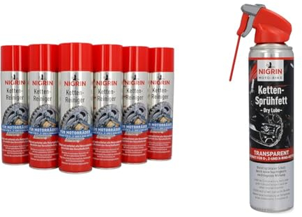 NIGRIN Kettenreiniger, 6 x 500 ml Sprühdose, Kettenspray & MOTO-BIKE Dry Lube Ketten-Sprühfett für Motorrad, 400 ml, geeignet für O-, Z- und X-Ring-Ketten, Korrosionsschutz