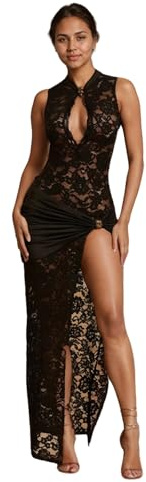 OCUH Black Lace Dress Sheer Maxi Dresses Sexy Outfit for Women Going Out High Slit Skirt Bodycon Vacation Party Wear (Black,Medium)