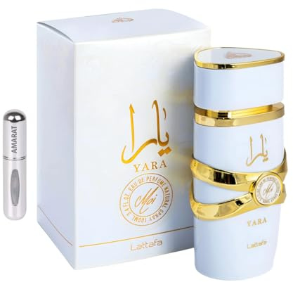 Yara MOI Original White Perfume 100 ml, Long Lasting Arabic Perfume, Eau da Parfum Imported from Dubai, Includes 5ML Refillable Atomizer, Tropical and Vibrant Fragrance, Unisex (Yara MOI)
