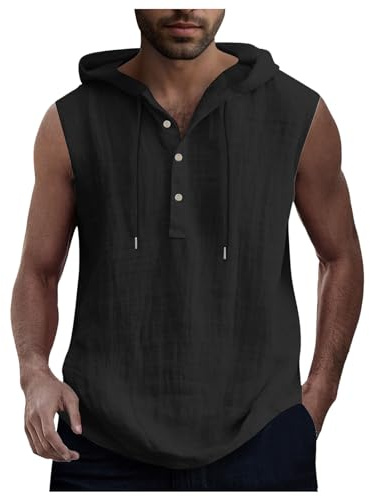 Camisas de lino para hombre sin mangas camisetas con capucha algodón lino Henley camiseta sin mangas camiseta casual playa hippie chaleco con capucha retro camisa de verano camisa casual chalecos