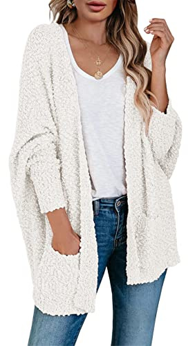 Saodimallsu Women's Chunky Popcorn Cardigan Oversized Open Front Boyfriend Batwing Long Sleeve Knit Sweaters White