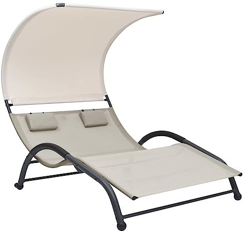 vidaXL Doppel Sonnenliege mit Sonnendach Doppelliege Gartenliege Liege Relaxliege Gartenmöbel Strandliege Freizeitliege Textilene Creme