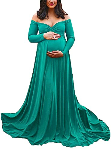 YAOTT Gravid klänning moderskap fotografi V-hals långärmad moderskapsklänning elegant graviditet elegant lång moderskap gravid för foto bröllop kväll, Färg: grön, XL