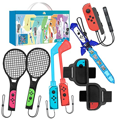 9 In 1 Sport Accessories Compatible for NS Switch, Gaming Sets with Golf Badminton Bundle Leg Straps Tennis Rackets Sword Controller Console Handle Grip Games Kits Sport Family Party Pack