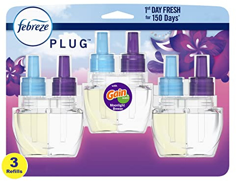 Febreze Plug In Air Freshener, Odor-Fighting Scented Oil Refill, Gain Moonlight Breeze, 3 Refills
