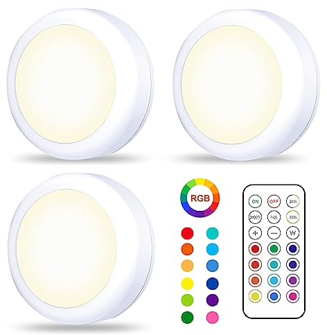 UEASE Under Cabinet LED Lights with Romote, 3PCS RGB Light Wireless Lights Battery Powered Puck Lights Under Cupboard Tap&Remote Control, 13 Colors, Dimmable, Timer, for Kitchen Bedroom