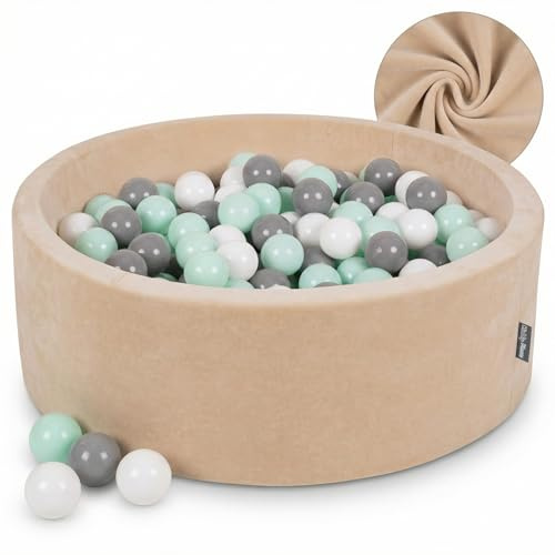 KiddyMoon Sammet bollpool 90 x 30 cm/200 bollar ∅ 7 cm för baby rund tillverkad i EU, sandbeige: Vit/Grå/Mint